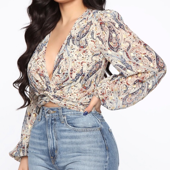 Fashion Nova Paisley Gold & Ivory Crop Blouse - Picture 4 of 5